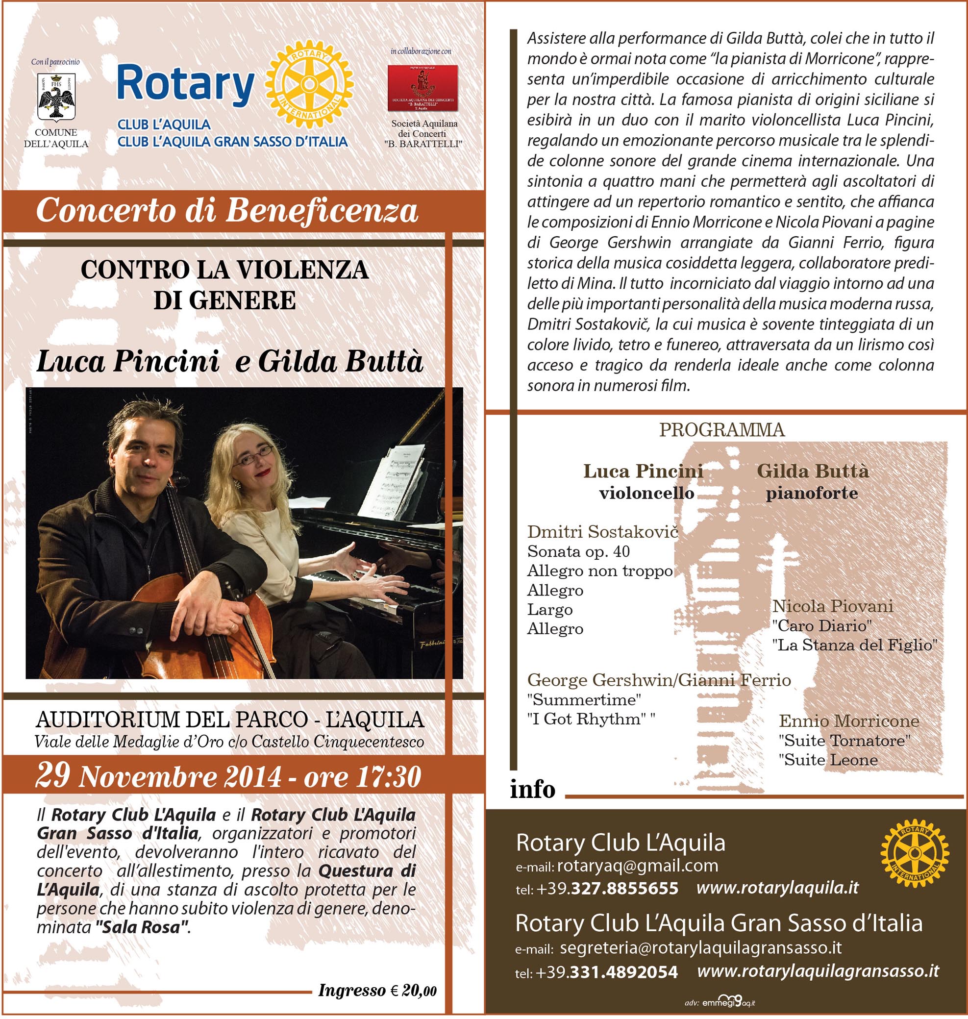 Rotary Club L’Aquila:  29 novembre, concerto di Beneficenza “Contro la violenza di genere”